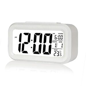 Digital Alarm Clock,Battery Operated Small Desk Clocks,with Date,Indoor Temperature,Smart Night Light,LCD Electronic Clock for Bedroom Home Office – White