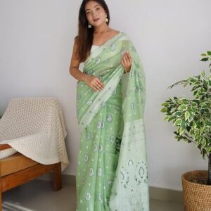 SGF11 Women’s Kanjivaram Soft Cotton Linen Silk Saree With Blouse Piece