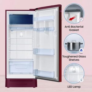 Samsung 215 L, 4 Star, Digi-Touch Cool Digital Inverter, with Display Direct-Cool Single Door Refrigerator (RR23C2F24NJ/HL,Orange Blossom Red, Base Stand Drawer, 2023 Model)