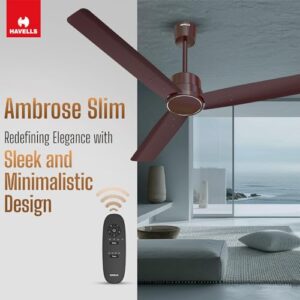 Havells 1200mm Ambrose Slim Ceiling Fan | Premium Finish, Decorative Fan, Remote Control, High Air Delivery Fan | 5 Star Rated, Upto 60% Energy Saving | 2+1* Year Warranty | (Pack of 1, Brown)