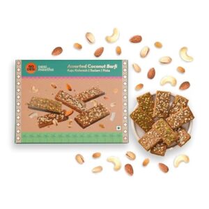 GO DESi Assorted Coconut Barfis, 200 grams burfi, Rakhi Gift for Sister and Brother, Indian Sweets Gift Pack, DESi Meetha, Dry Fruits Gift, Almond Cashew Raisin Pista Bar, Sweets Indian Mithai