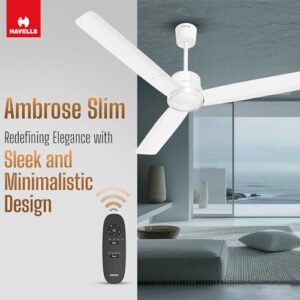 Havells 1200mm Ambrose Slim Ceiling Fan | Premium Finish Decorative Fan, Remote Control, High Air Delivery | 5 Star Rated, Upto 60% Energy Saving | 2+1* Year Warranty | (Pack of 1, Elegant White)