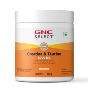 GNC Pure Micronized Creatine Monohydrate + Taurine | 100 gm | 33 Serving | Unflavoured | Instantized | Fuels Muscles | Increase Muscle Mass | Rapid Absorption | Faster Muscle Building| Lab Tested | Faster Muscle Recovery| Boost Performance | Imported