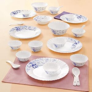 Larah by Borosil Blue Eve Silk Series Opalware Dinner Set | 27 Pieces for Family of 6 | Microwave & Dishwasher Safe | Bone-Ash Free | Crockery Set for Dining & Gifting | Plates & Bowls | White