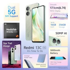 Redmi 13C 5G (Startrail Green, 4GB RAM, 128GB Storage) | MediaTek Dimensity 6100+ 5G | 90Hz Display