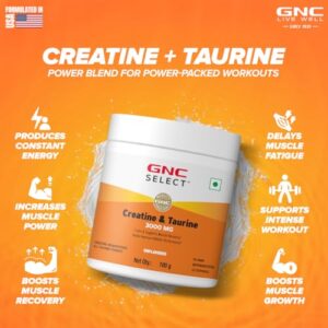 GNC Pure Micronized Creatine Monohydrate + Taurine | 100 gm | 33 Serving | Unflavoured | Instantized | Fuels Muscles | Increase Muscle Mass | Rapid Absorption | Faster Muscle Building| Lab Tested | Faster Muscle Recovery| Boost Performance | Imported