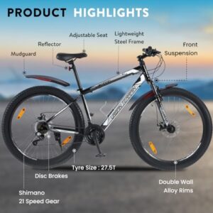 Urban Terrain UT1000 Steel Cycle/Bicycle 27.5 inch MTB (21 Speed) Gear Bicycle For Men/Boys With Front Suspension & Dual Disc Brake Mountain Bike | Ideal for 15+ Years, Frame Size : 16 inch (Black)