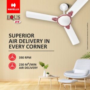 Havells 1200Mm Equs Es Ceiling Fan|Premium Finish, Decorative Fan, Elegant Look, High Air Delivery, Energy Saving, 100% Pure Copper Motor|2 Year Warranty|(Pack Of 1, White Maroon) 1 Star