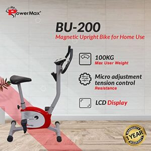 PowerMax Fitness BU-200 Exercise Upright Bike with Anti-Skid Pedals, Adjustable Foot Strap and Vertical Seat Adjustment for Home Gym – White