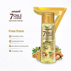 Emami 7 Oils In One | Non Sticky & Non Greasy Hair Oil | 20 Times Stronger Hair | Nourishes Scalp | Free of Sulphates, Parabens and Chemicals | With Goodness of Almond Oil, Coconut Oil, Argan Oil and Amla Oil, 500ml