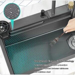CROCODILE Kitchen Sink with ANTI SCRATCH HONEYCOMB DESIGN Integrated Waterfall and Pull-down Faucet Set/304 Grade Stainless Steel Sink with Cup washer and Drain Baskets (30x18x9 inch, Nano Coating)
