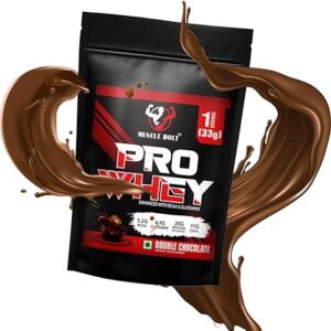 MUSCLEBOLT 33 Gram Pro Whey Protein | Muscle Growth 5.2g BCAA, 24g Protein | Muscle Recovery | Easy Digestion | 4.1g Glutamine, for Increase strength & performance (Double Chocolate)