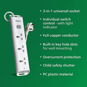 Philips CHP2432W Power Strips with 3 Universal Socket, One Main Switch, with Over Current Protection 1.4m Cable Length (White)