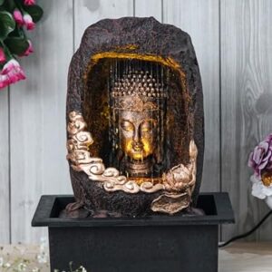 CHRONIKLE Polyresin Tabletop Gold Brown Meditating Buddha Sitting in Cave Style Indoor Front Curtain Waterfall Fountain for Home Decor with LED Light, Speed Controller Pump (Size: 40 x 22 x 29.5CM)