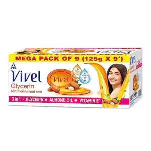 Vivel Glycerin Bathing Soap for Soft Moisturized Skin with Pure Almond Oil & Vitamin E, 1125g (125g – Pack of 9), Soap for Women & Men, For All Skin Types
