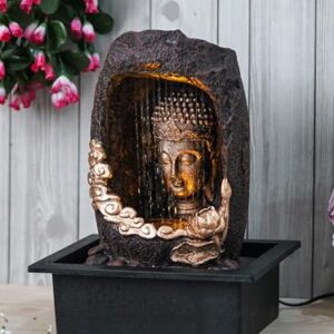 CHRONIKLE Polyresin Tabletop Gold Brown Meditating Buddha Sitting in Cave Style Indoor Front Curtain Waterfall Fountain for Home Decor with LED Light, Speed Controller Pump (Size: 40 x 22 x 29.5CM)
