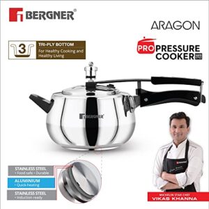 Bergner Aragon Stainless Steel 5 Liters Inner Lid Pressure Cooker, For Healthy Cooking, Mirror Finish, Easy To Clean, Durable, Bakelite Handle, Induction Bottom and Gas Stove Ready – Silver