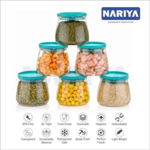 NARIYA Plastic Transparent Curve Airtight Kitchen Storage Round Design Leakproof Multipurpose Grocery Storage Containers for Home and Kitchen (Pack of 6 – Black, 900 Ml)