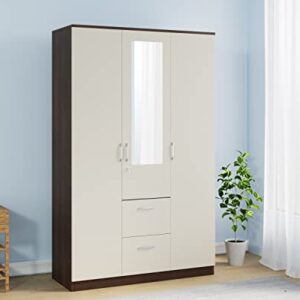 Nilkamal Mozart 3 Door Wardrobe with Mirror | Engineered Wood Almirah |1 Hanging Rode & 6 Shelves and 2 Drawers, 1 Locker|1 Year Warranty | Walnut White