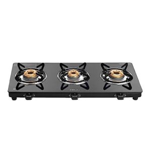 Bajaj Ucx 3 Burner Slim Glass Top Gas Stove|Slim Frame Glass Cooktop|3 Brass Burners| 360 Degree Swivel Nozzle| Stainless Steel Drip Tray| Black, Open