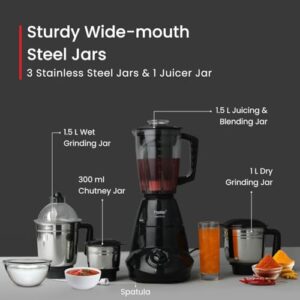 Prestige Iris Plus 750 W Mixer Grinder With 4 Jars (3 Stainless Steel Jars+ 1 Juicer Jar) 4 Super Efficient Stainless Blades 2 Years Warranty Black, 750 watts
