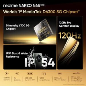 realme NARZO N65 5G (Amber Gold 8GB RAM, 128GB Storage) India’s 1st D6300 5G Chipset | Ultra Slim Design | 120Hz Eye Comfort Display | 50MP AI Camera| Charger in The Box