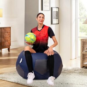 Amazon Brand Solimo Premium Faux Leather Football Bean Bag, Filled with Beans | Capacity: Upto 6 Ft Height, 120 KG Weight | Iconic Football Shape | 3XL | Navy Blue & Grey