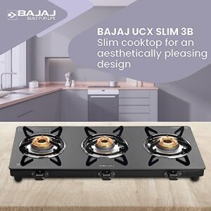 Bajaj Ucx 3 Burner Slim Glass Top Gas Stove|Slim Frame Glass Cooktop|3 Brass Burners| 360 Degree Swivel Nozzle| Stainless Steel Drip Tray| Black, Open