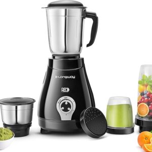 Longway Reo 550 Watt Mixer Grinder with 4 Jars for Grinding, Mixing, Blending, Juicing with Powerful Motor | 1 Year Warranty | (Black & Gray,4 Jars)