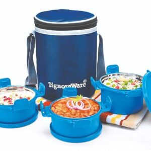 SignoraWare 500ml+350ml+350ml Smart Microwave Safe Twin Executive Big Stainless Steel Lunch Box with Bag, Food Grade BPA Free Conatiners, Air Tight and Sleek Leak-Proof Lid Tiffin Boxes (Set 3 Blue)