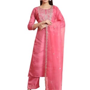 VredeVogel Women’s Silk Blend Embroidered Kurta with Pant & Dupatta Set