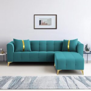 Adorn India Premium Mystic – 3 Years Warranty – L Shape 4 Seater Sofa Set Velvet Suede Fabric – Aqua Blue