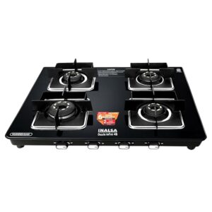 INALSA Premium Slim Gas Stove 4 burners Glasstop ≈77cm|6Yr Warranty on Glass & 2Yr on Burner|8mm Toughened Glass|Commercial Brass Burner|LPG Ready&PNG Compatible| 4 Burner Stove (Dazzle Infini 4B)